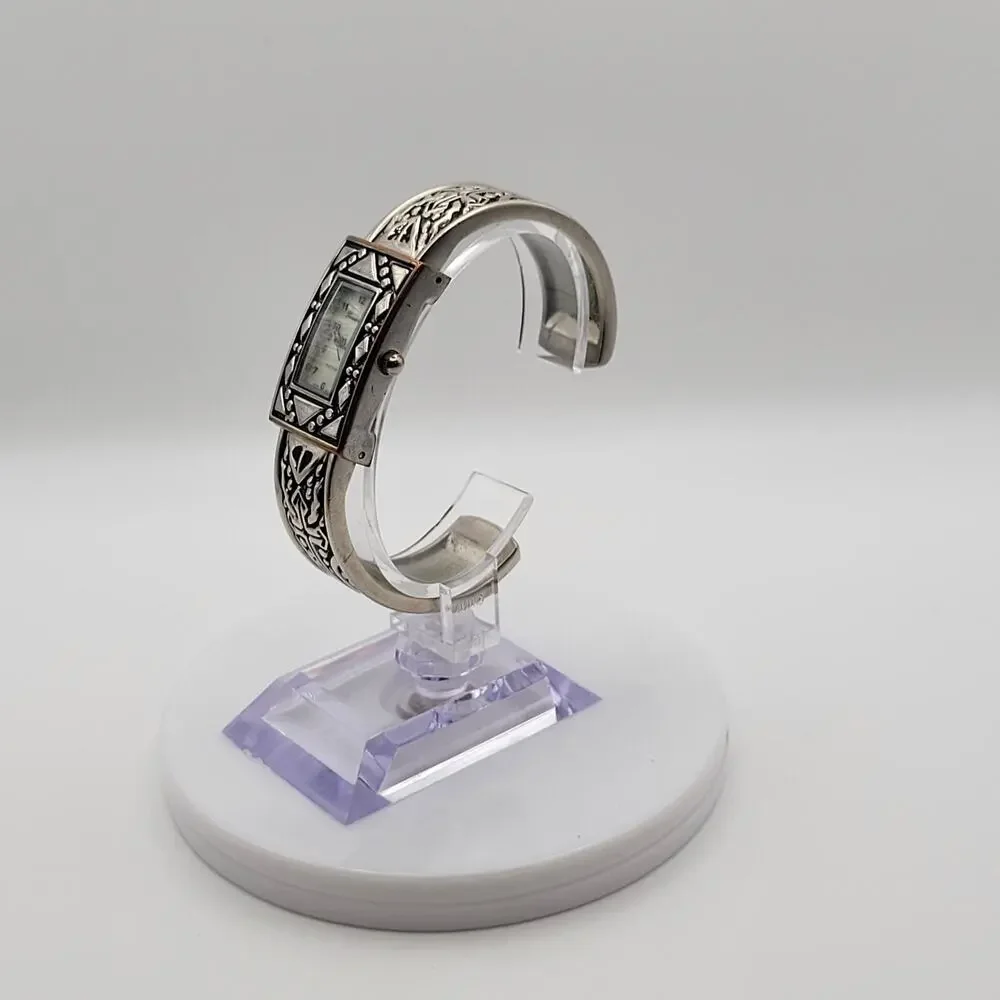 Geneva Platinum Cuff Watch Mother of Pearl Dial Silver Western Engraved New BAT